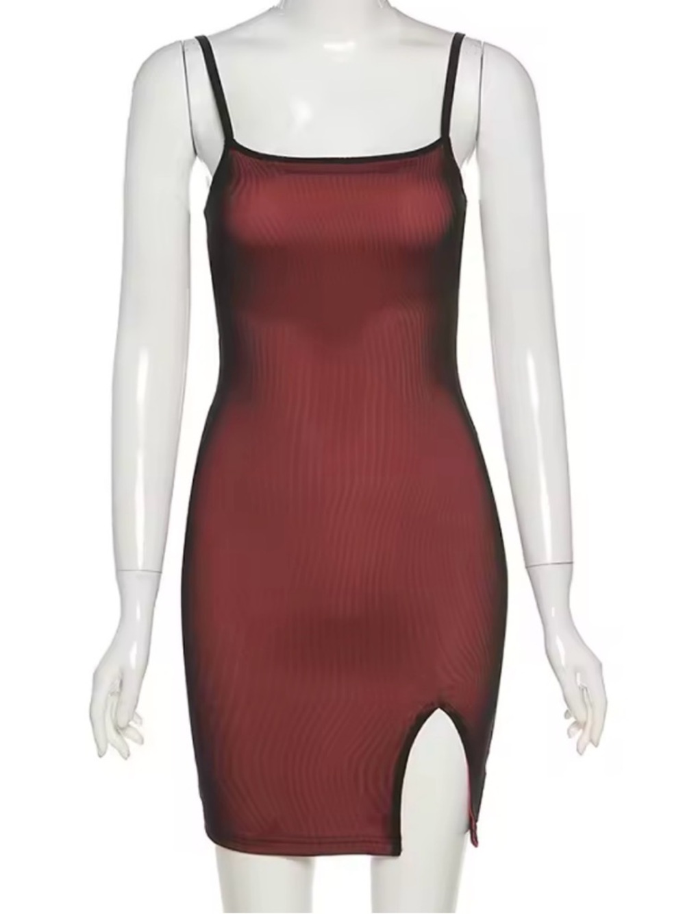 Burgundy Bodycon Mini Dress Size L | Mesh Double Layer Slit Sexy Club Dress